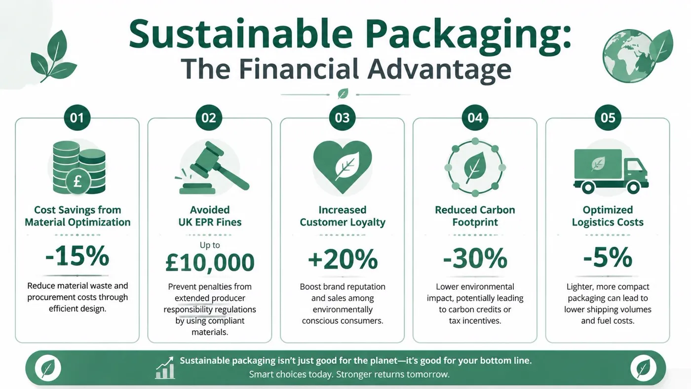 An infographic showing five financial benefits of using sustainable packaging, including cost savings, fines, and loyalty.