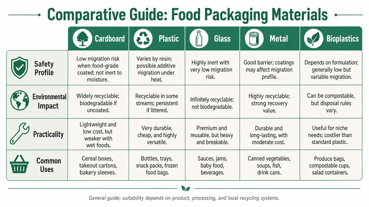 A comparative guide chart displaying safety, environmental impact, practicality, and common uses for five food packaging materials.