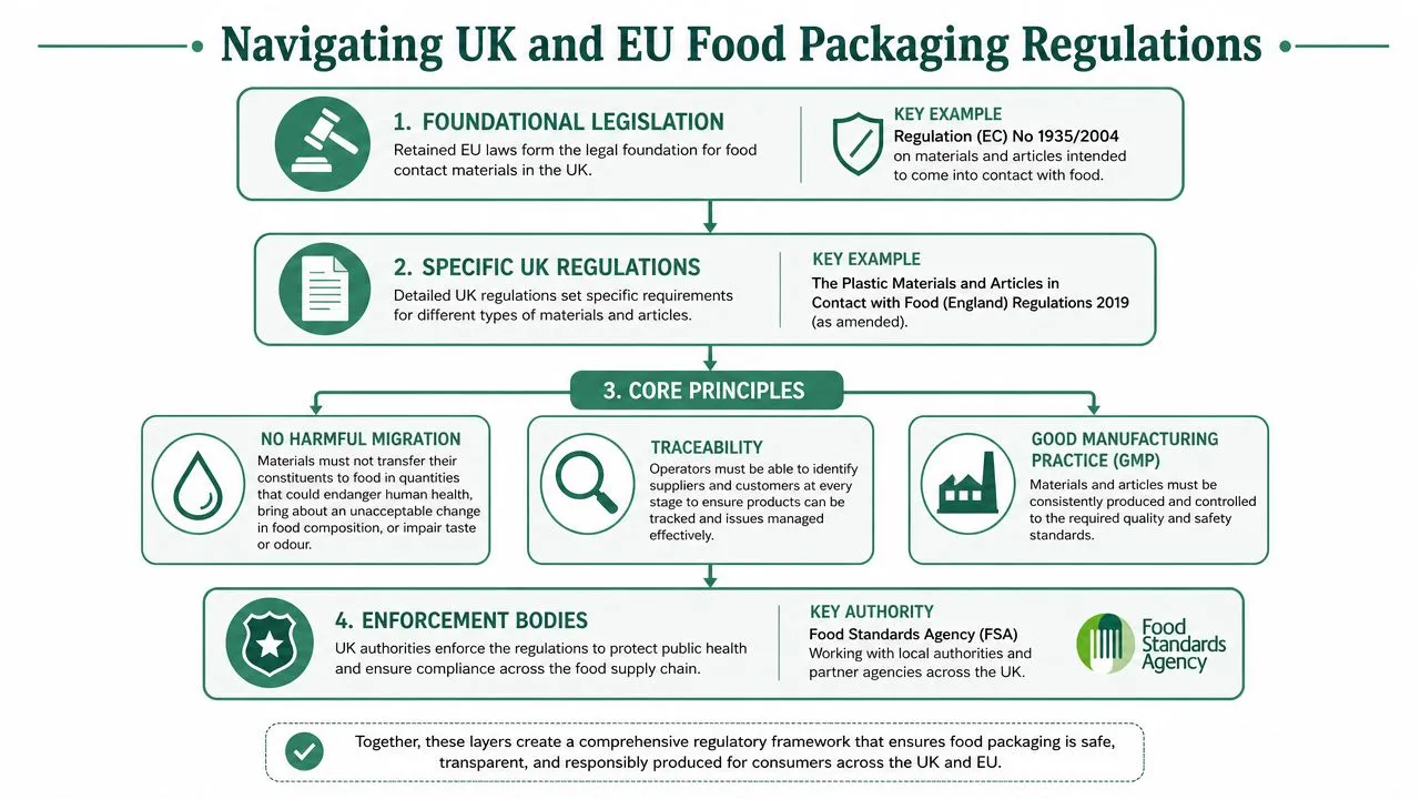 A flowchart explaining the regulatory framework for UK and EU food safe packaging and safety standards.