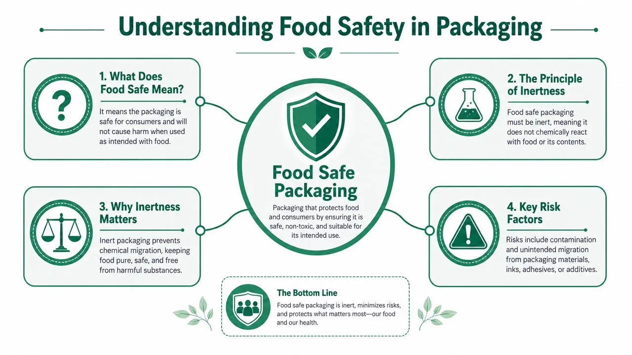 An infographic titled Understanding Food Safety in Packaging explaining why inert materials are essential for consumer health.