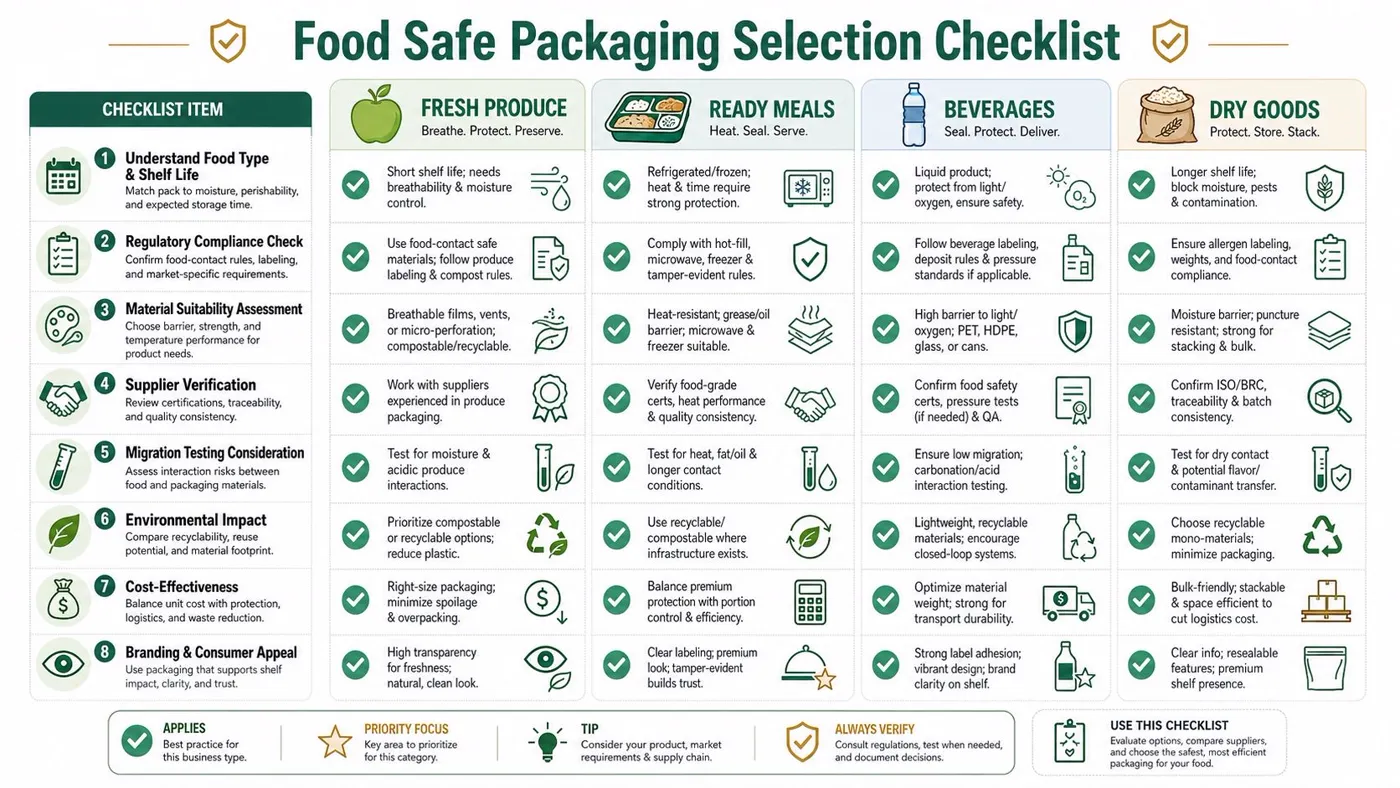 A comprehensive checklist for selecting food safe packaging across produce, ready meals, beverages, and dry goods categories.