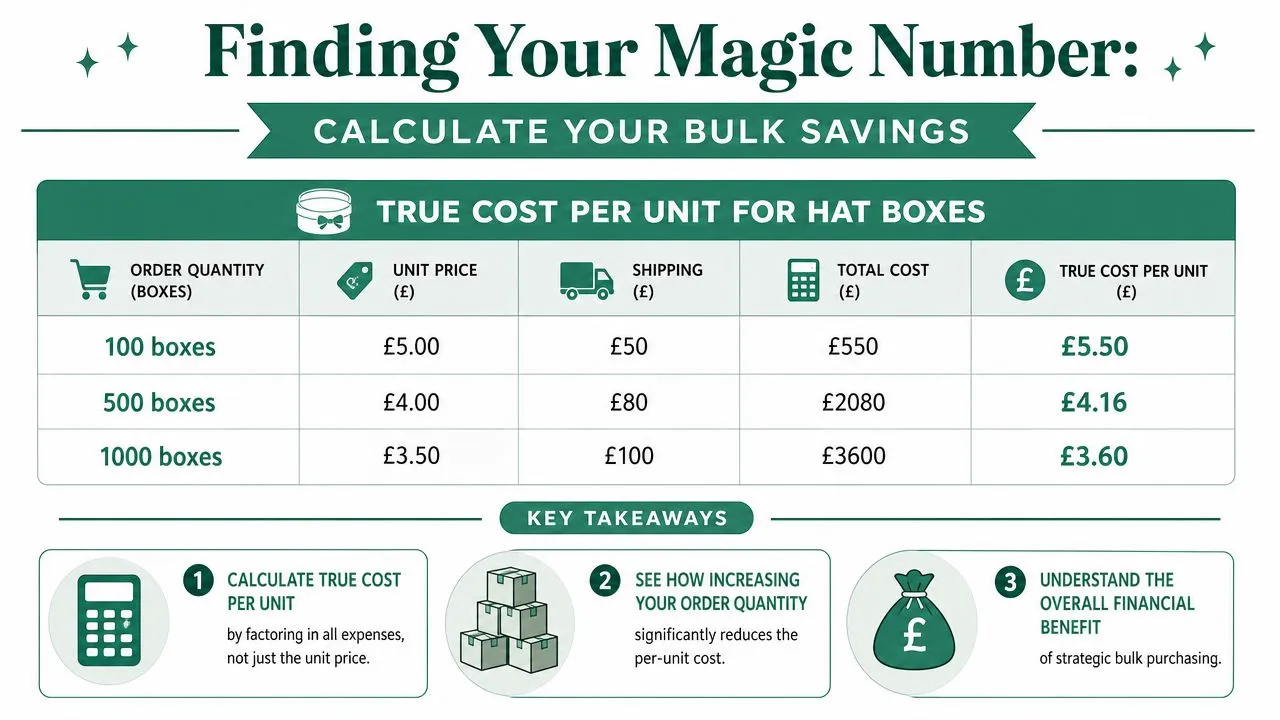 A chart showing the cost analysis of bulk purchasing hat boxes to calculate true unit prices.