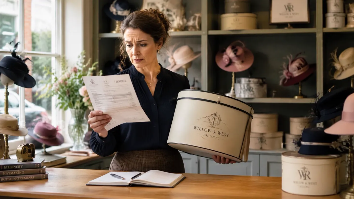 A woman holding an invoice and a branded hat box inside a vintage hat shop.