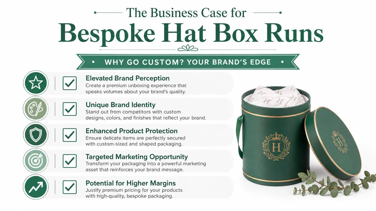 A professional infographic outlining the business advantages of investing in custom bespoke hat box packaging for brands.