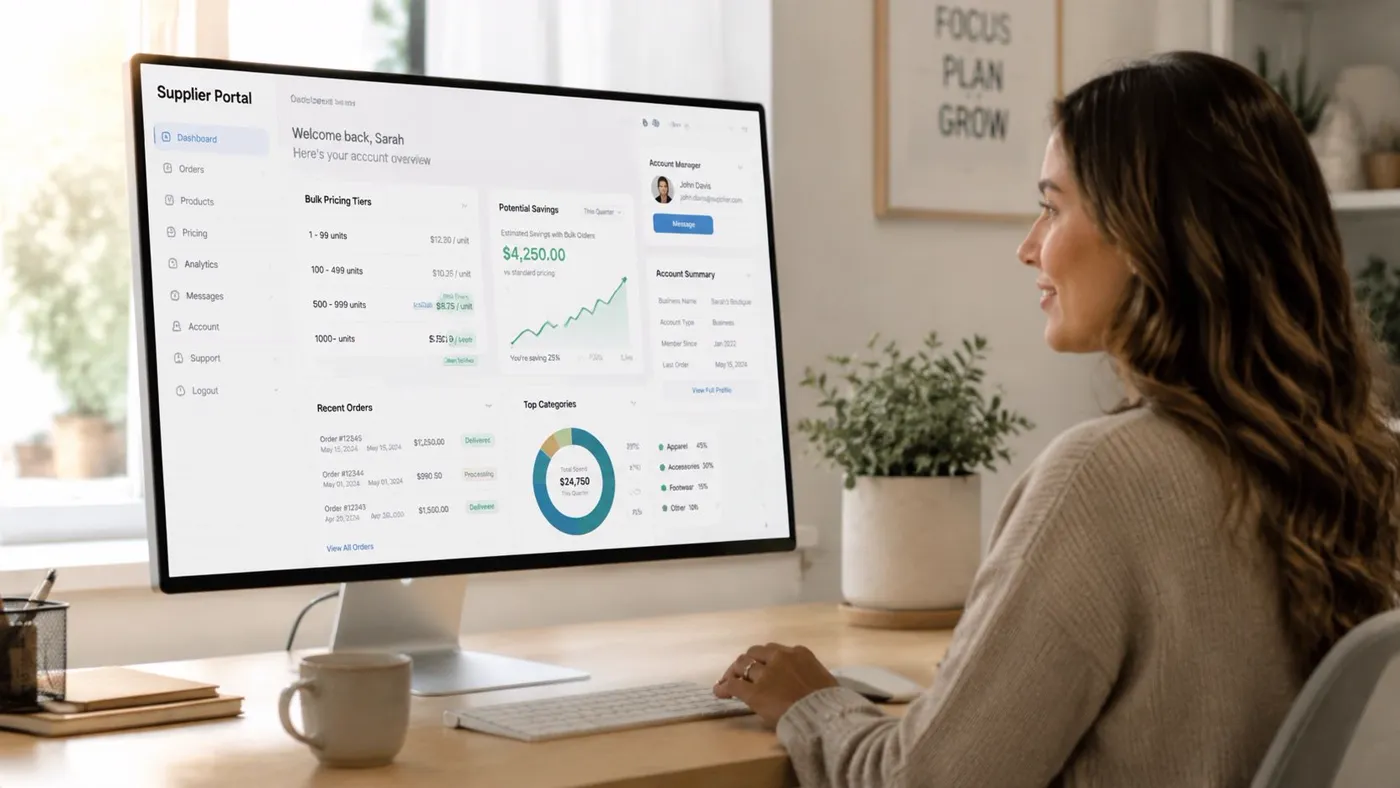 A woman working on a computer showing a supplier portal dashboard with sales data and charts.