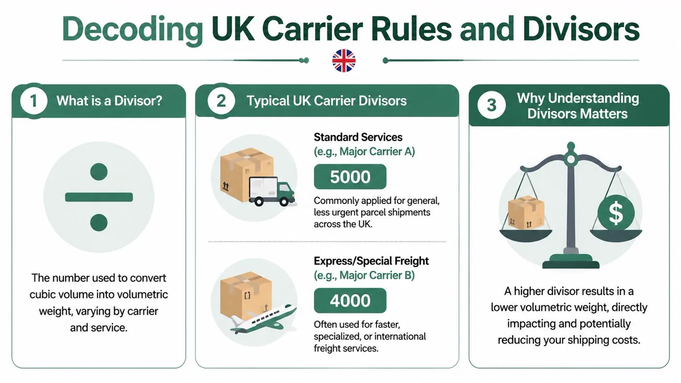 An infographic explaining UK carrier shipping divisors used to calculate volumetric weight for freight and parcels.