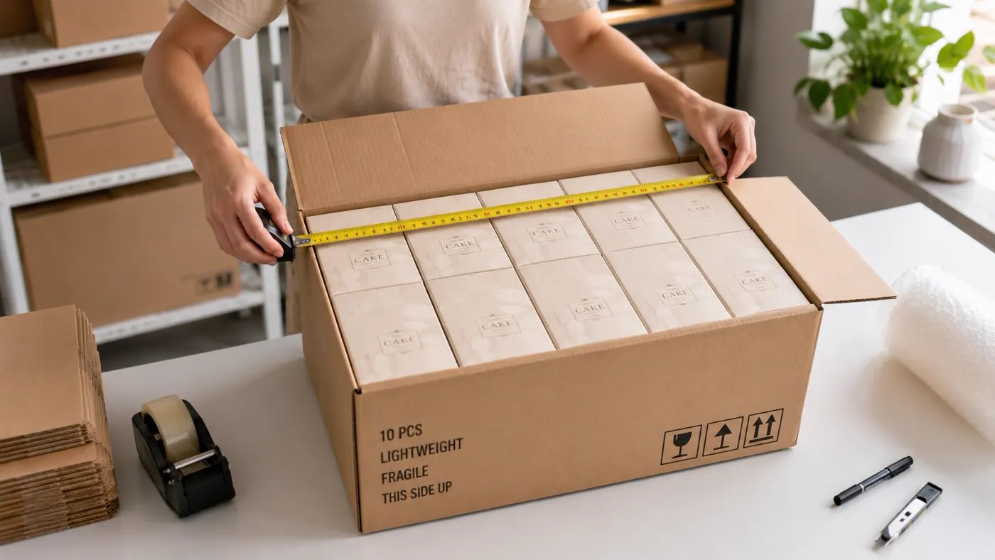 A person using a measuring tape to measure the dimensions of a cardboard shipping box full of cake boxes.