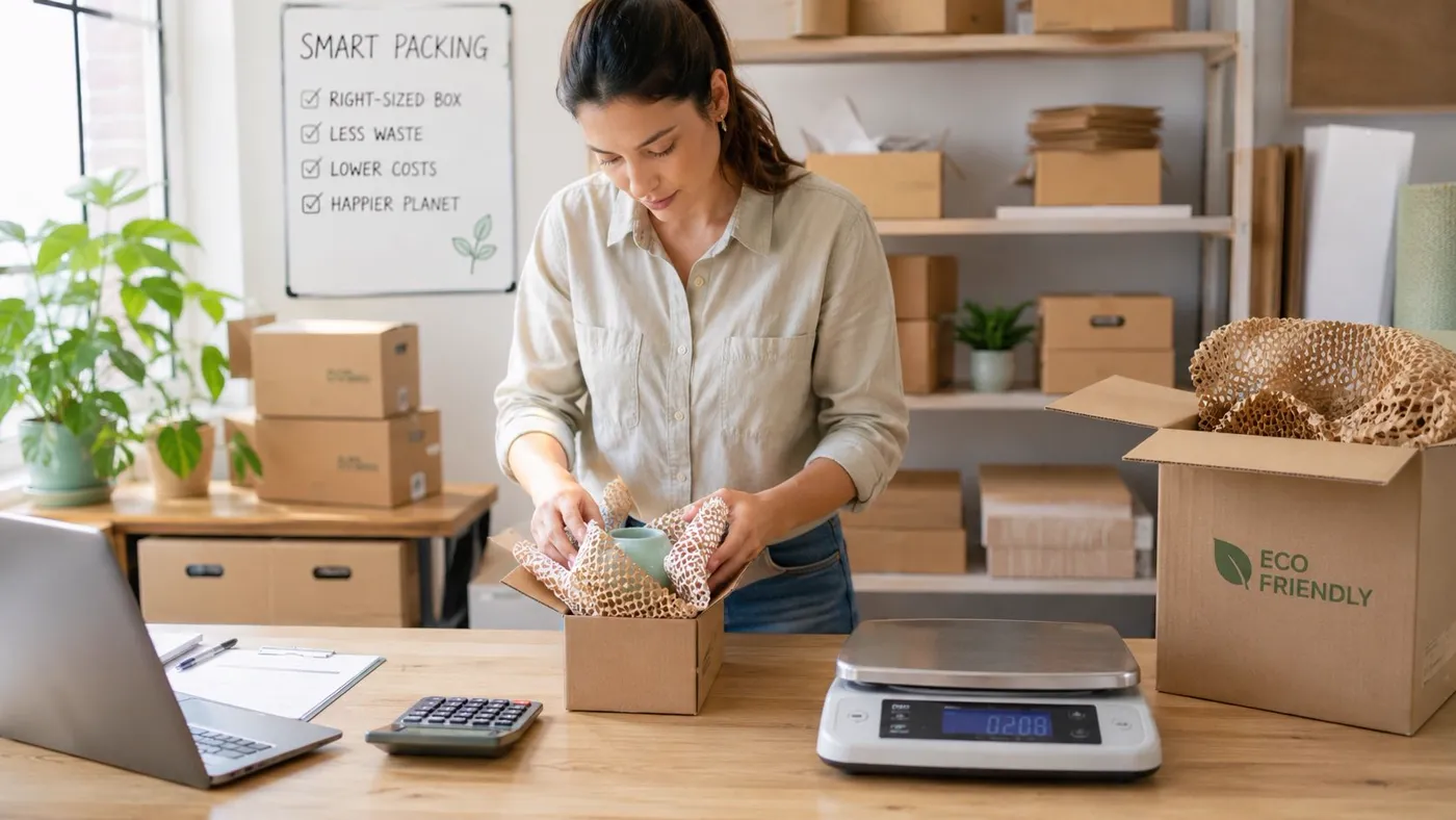 A female small business owner packing a ceramic mug into a cardboard box for sustainable shipping.