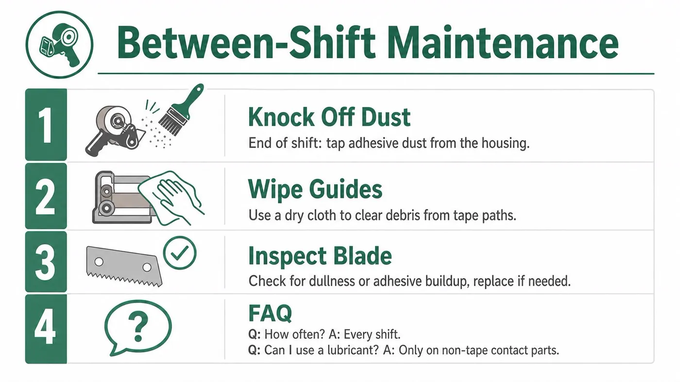 An instructional infographic detailing the four-step between-shift maintenance process for a handheld packing tape gun.