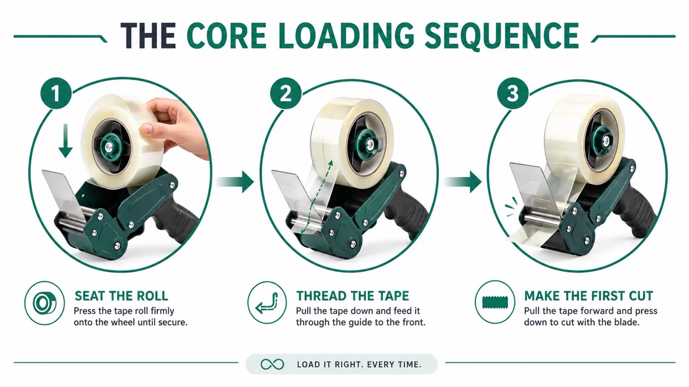 A three-step instructional guide showing how to properly load a standard tape gun dispenser.