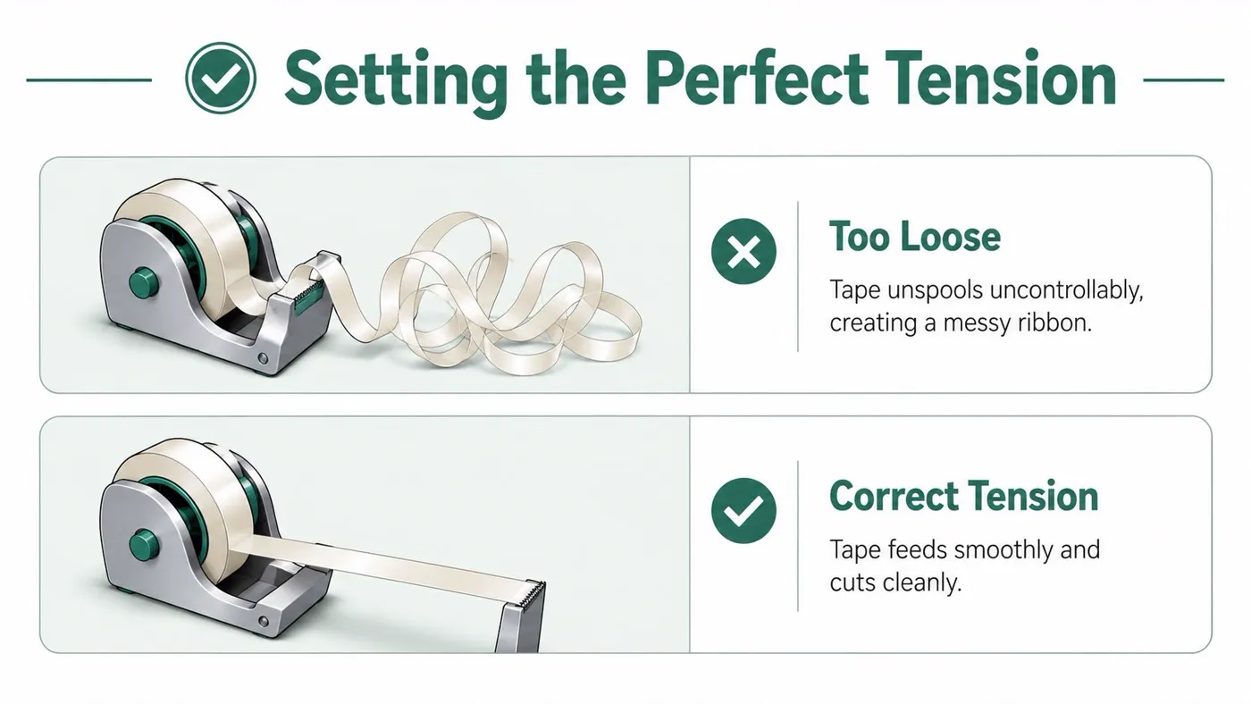 An infographic showing the correct and incorrect tension settings for a desk tape dispenser.