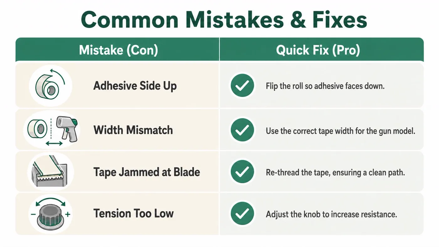 A chart showing common tape gun loading mistakes and their corresponding quick fix solutions for users.