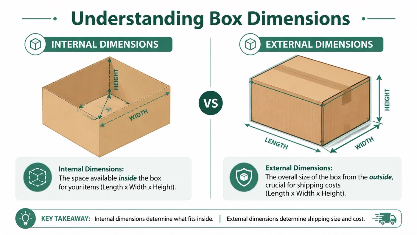 A diagram explaining the difference between internal and external box dimensions for shipping and packing purposes.