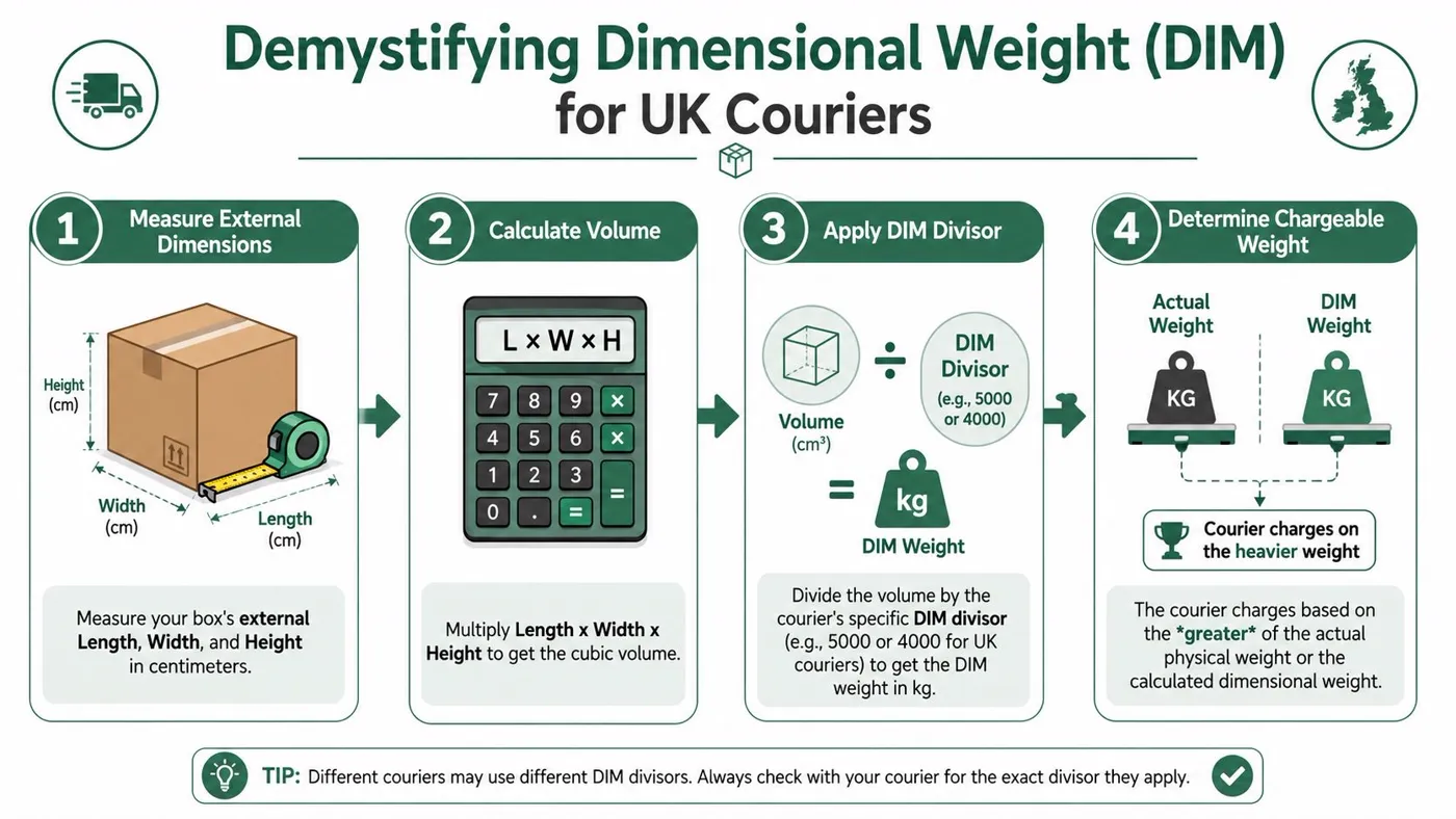 An infographic showing the four-step process for calculating dimensional weight for UK courier shipping.