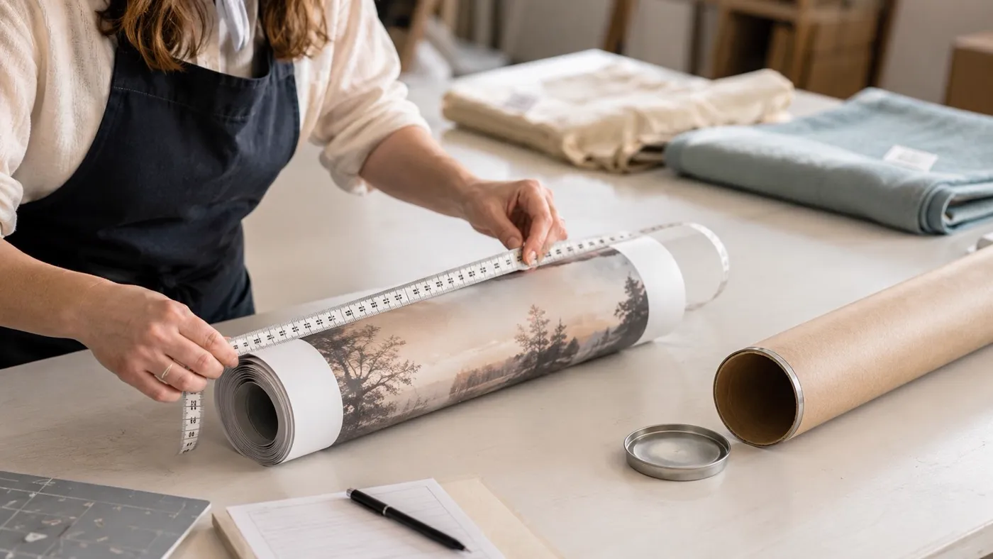A craftsperson measures a rolled poster print on a workshop table using a flexible tape measure.