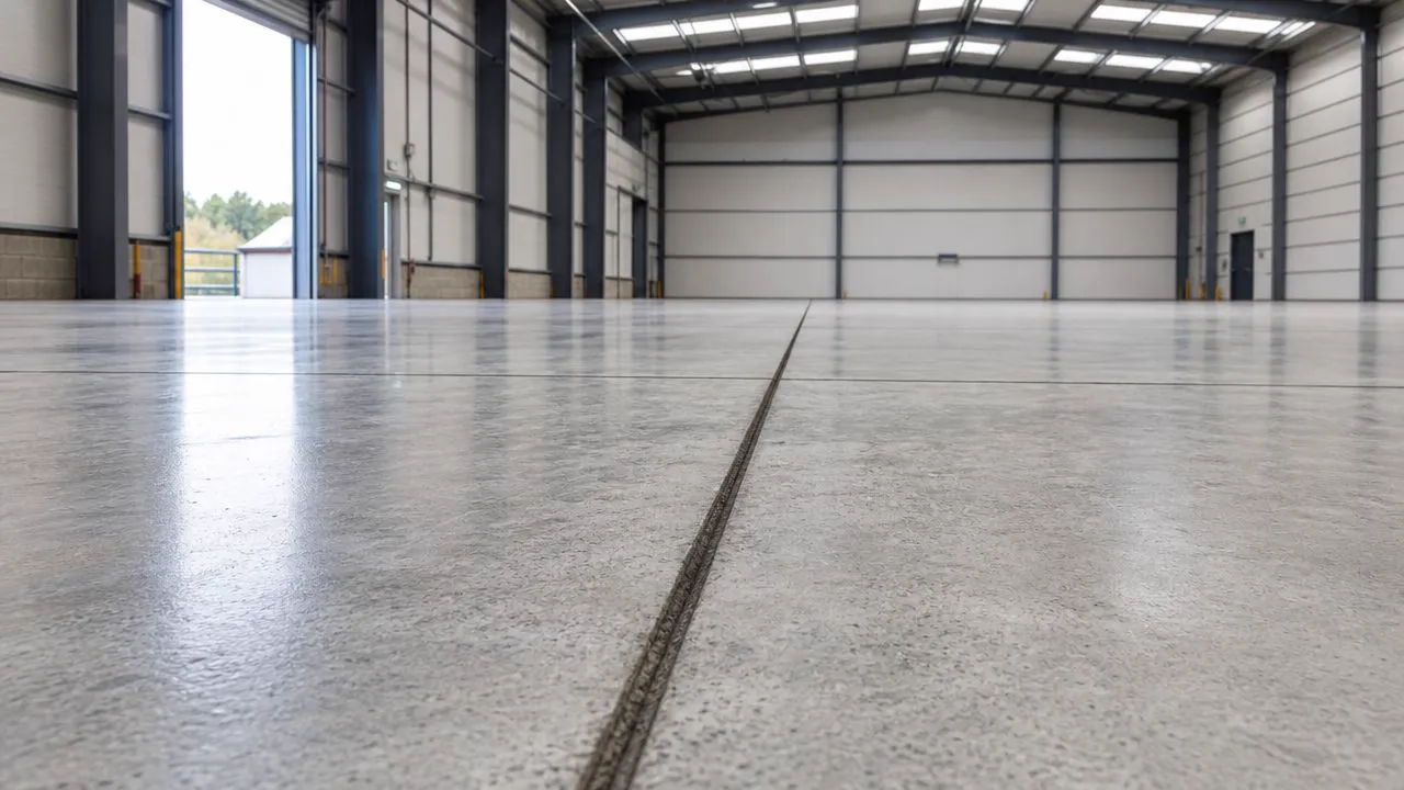 A wide angle view inside a spacious empty industrial warehouse with polished concrete floors and steel frame.