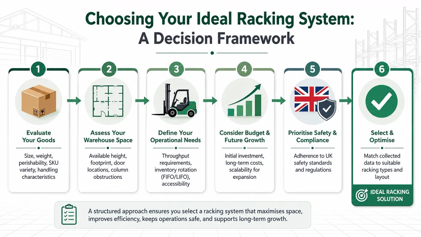 A six-step decision framework infographic for choosing an ideal industrial racking system in a warehouse.