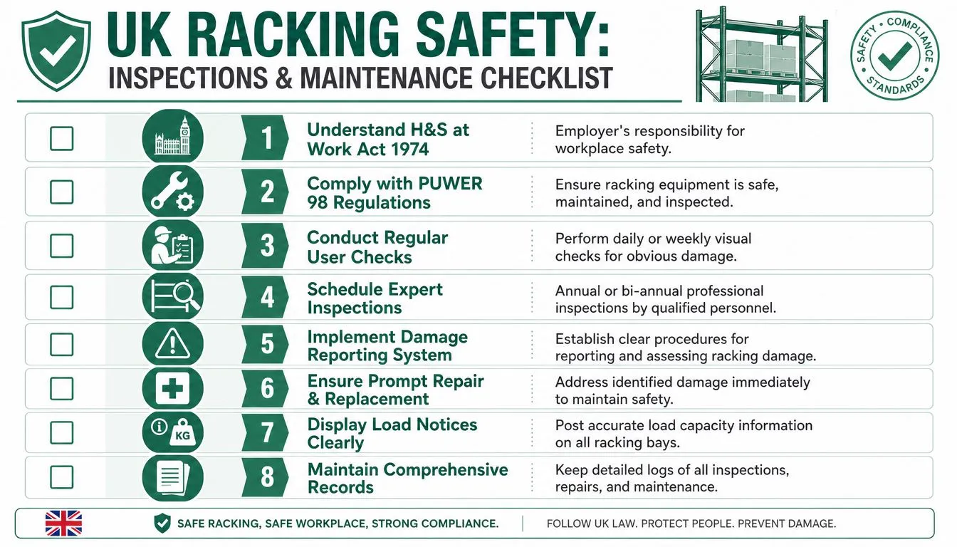 A checklist for UK industrial racking safety outlining eight key inspection and maintenance compliance steps.