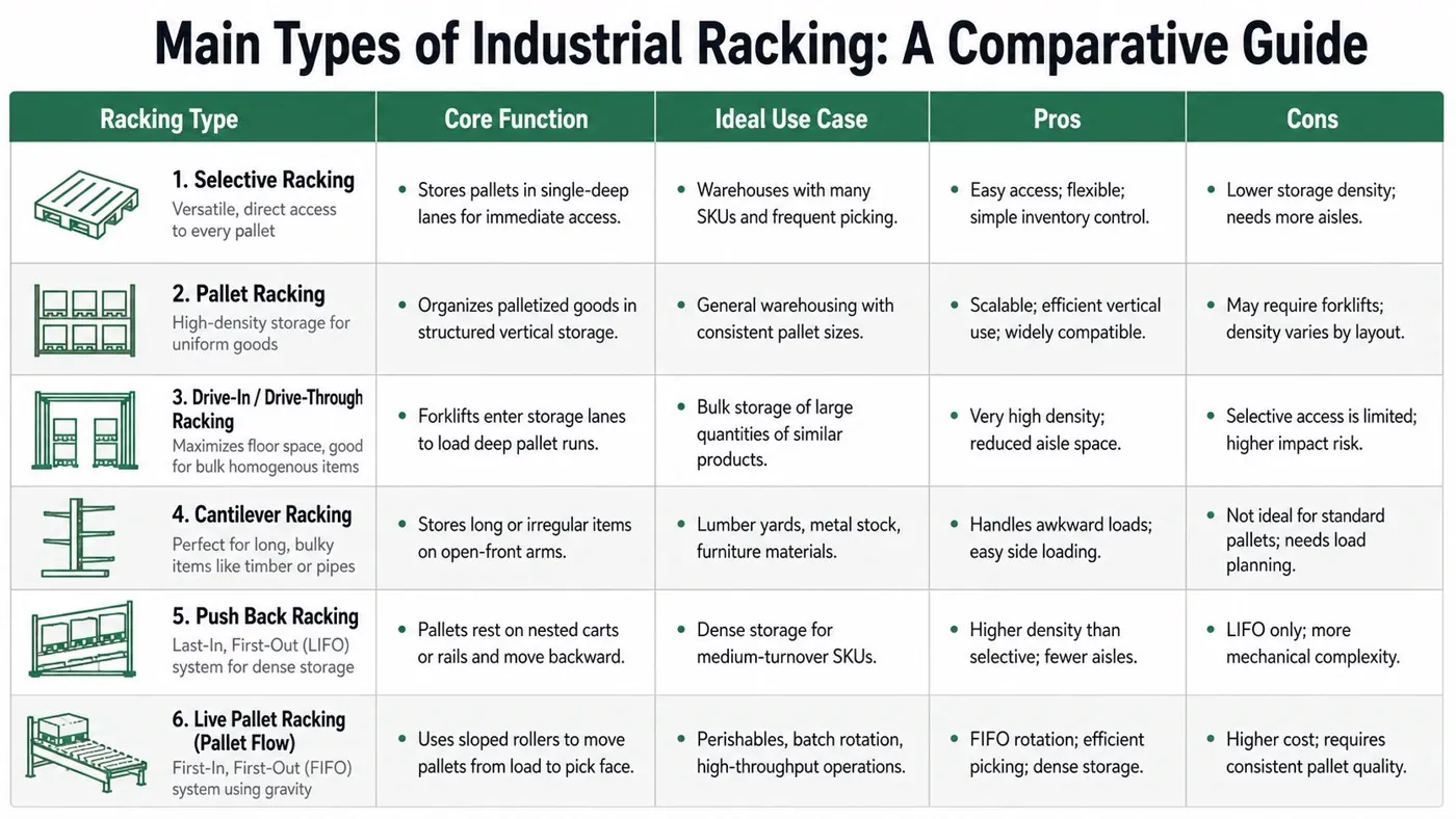 A comparison chart outlining six main types of industrial racking systems with descriptions, use cases, and pros.