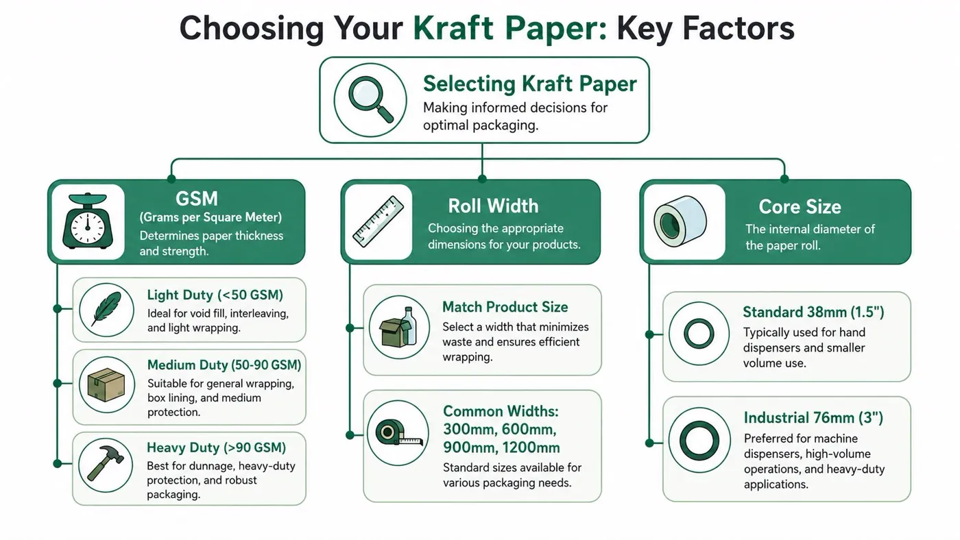 An infographic showing key factors to consider when choosing kraft paper, including GSM, roll width, and core size.