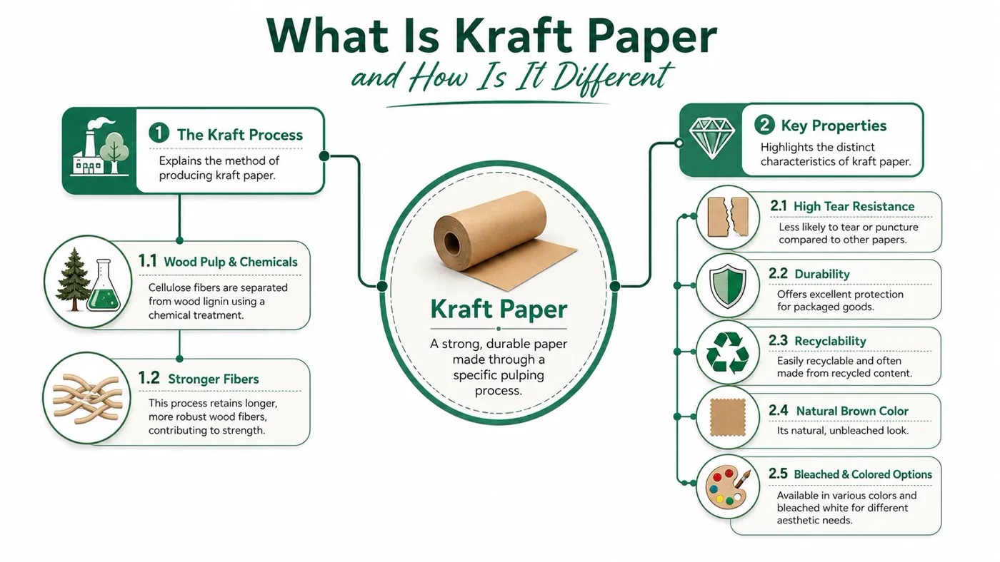 An infographic explaining the manufacturing process and properties of durable kraft paper in a roll.