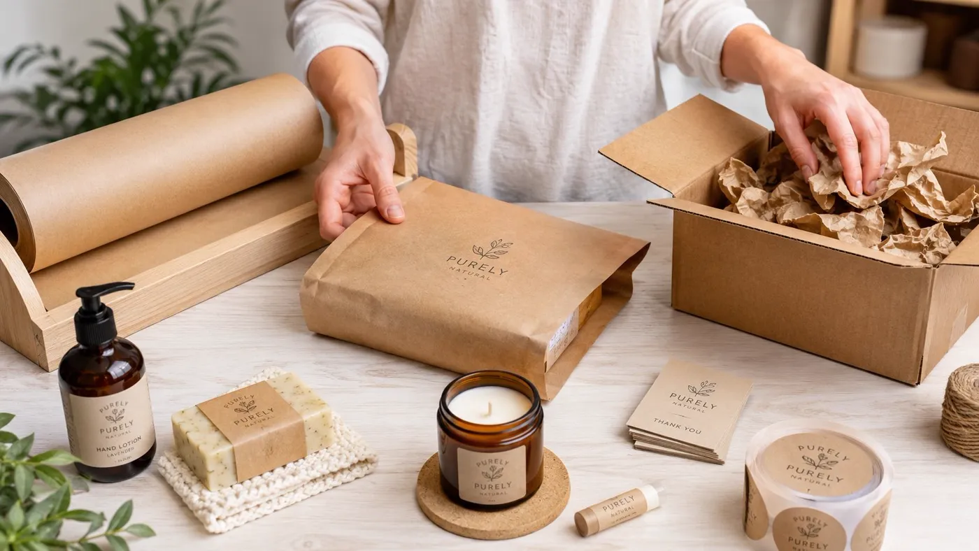 A person carefully packing natural handmade skincare products into kraft paper packaging and a shipping box.
