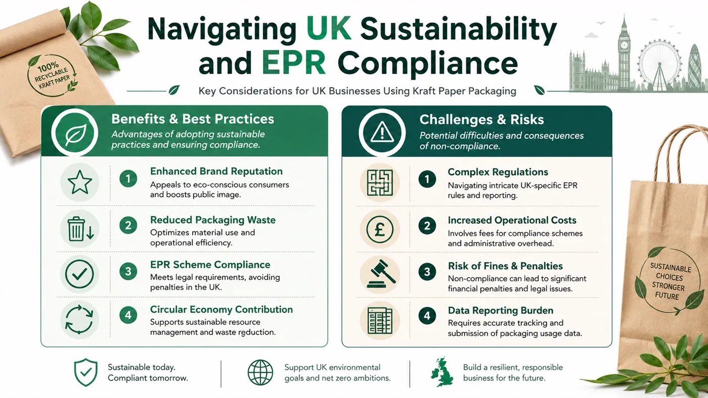 An infographic detailing sustainability and EPR compliance considerations for UK businesses using kraft paper packaging.