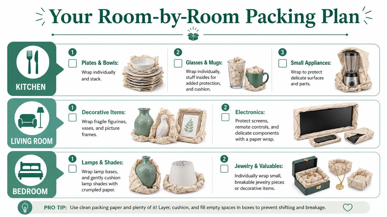 An infographic displaying a step-by-step room-by-room packing plan using protective paper for moving belongings.