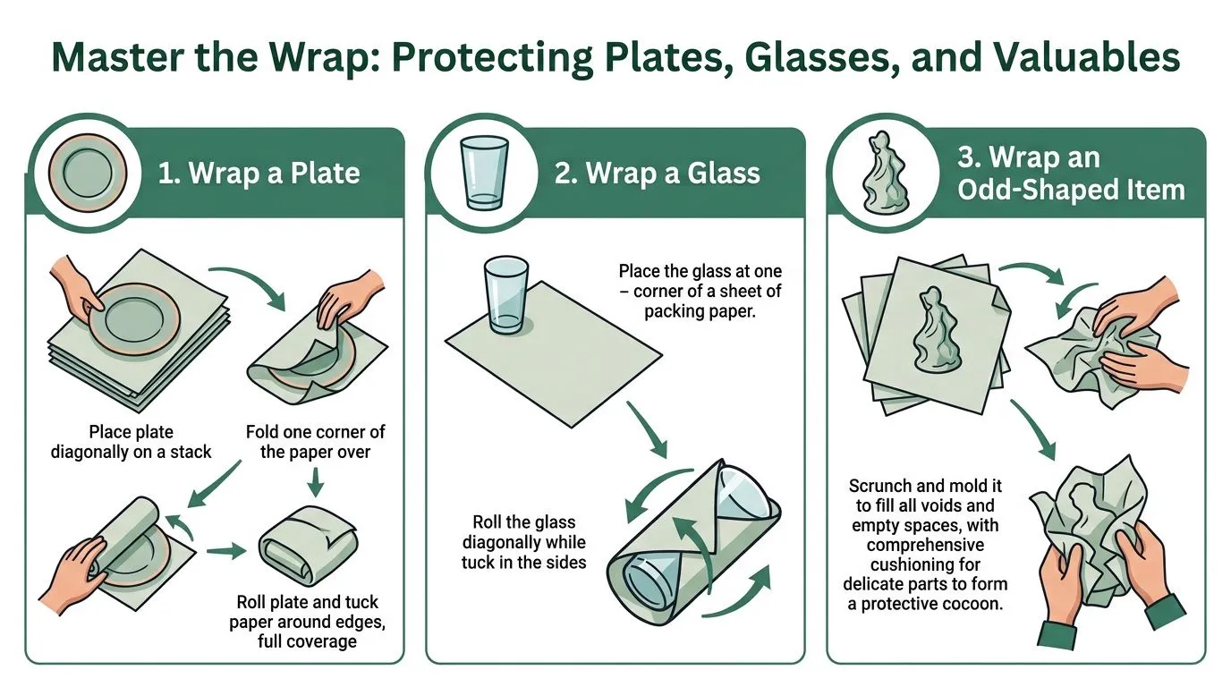 An infographic showing three steps to pack plates, glasses, and odd-shaped items with protective paper.