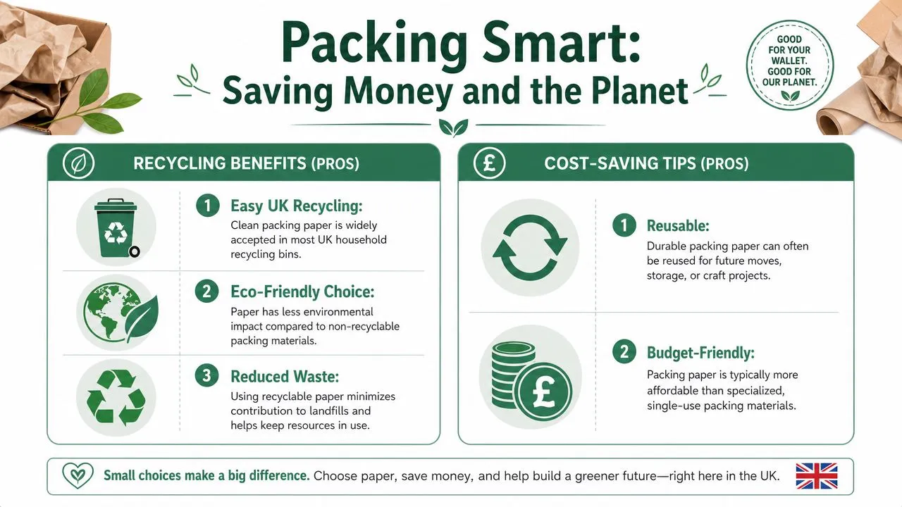 An infographic titled Packing Smart showing the recycling and cost-saving benefits of using paper for moving.