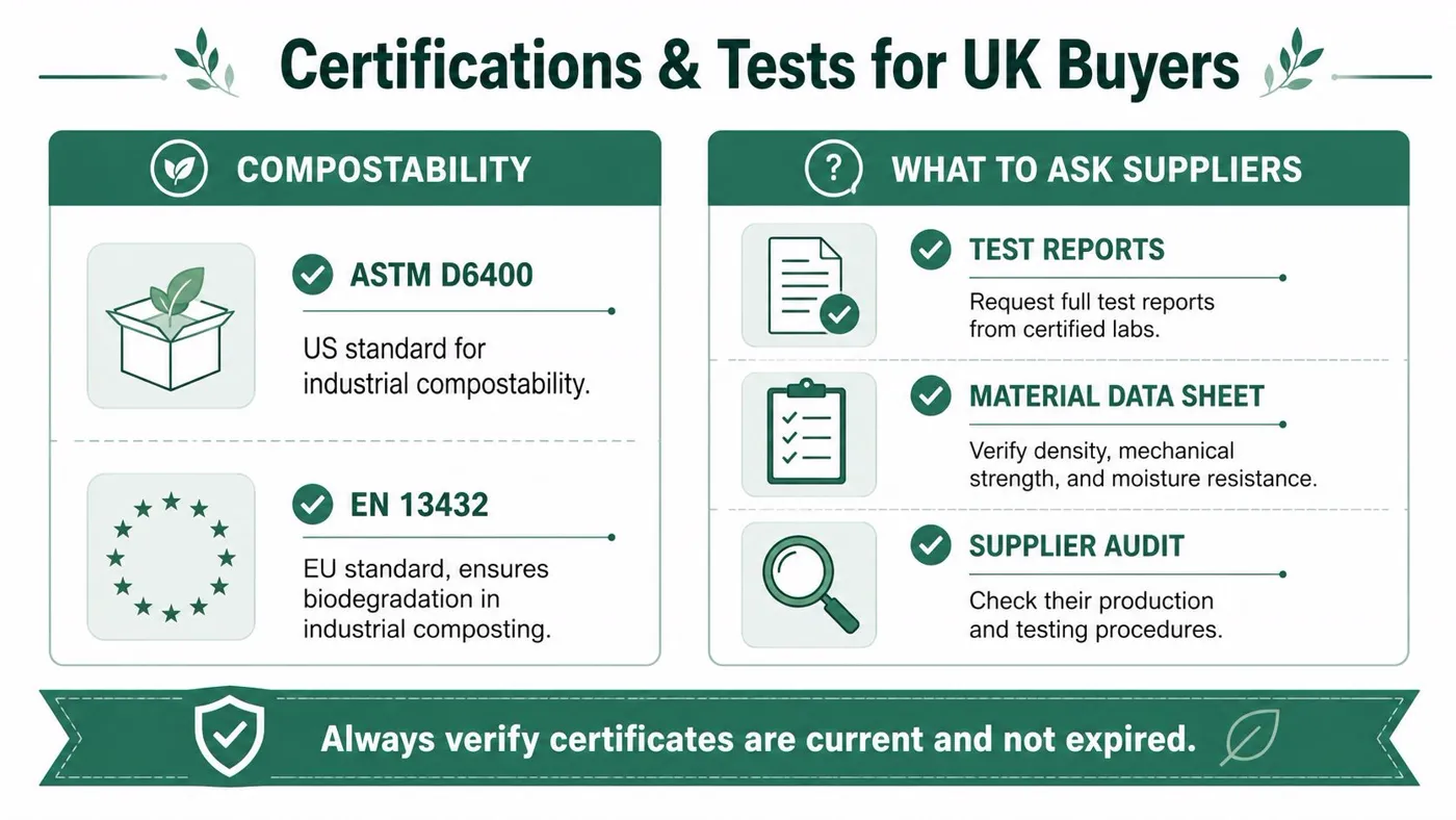An infographic detailing essential compostability certifications and document checks for UK businesses sourcing sustainable packaging materials.