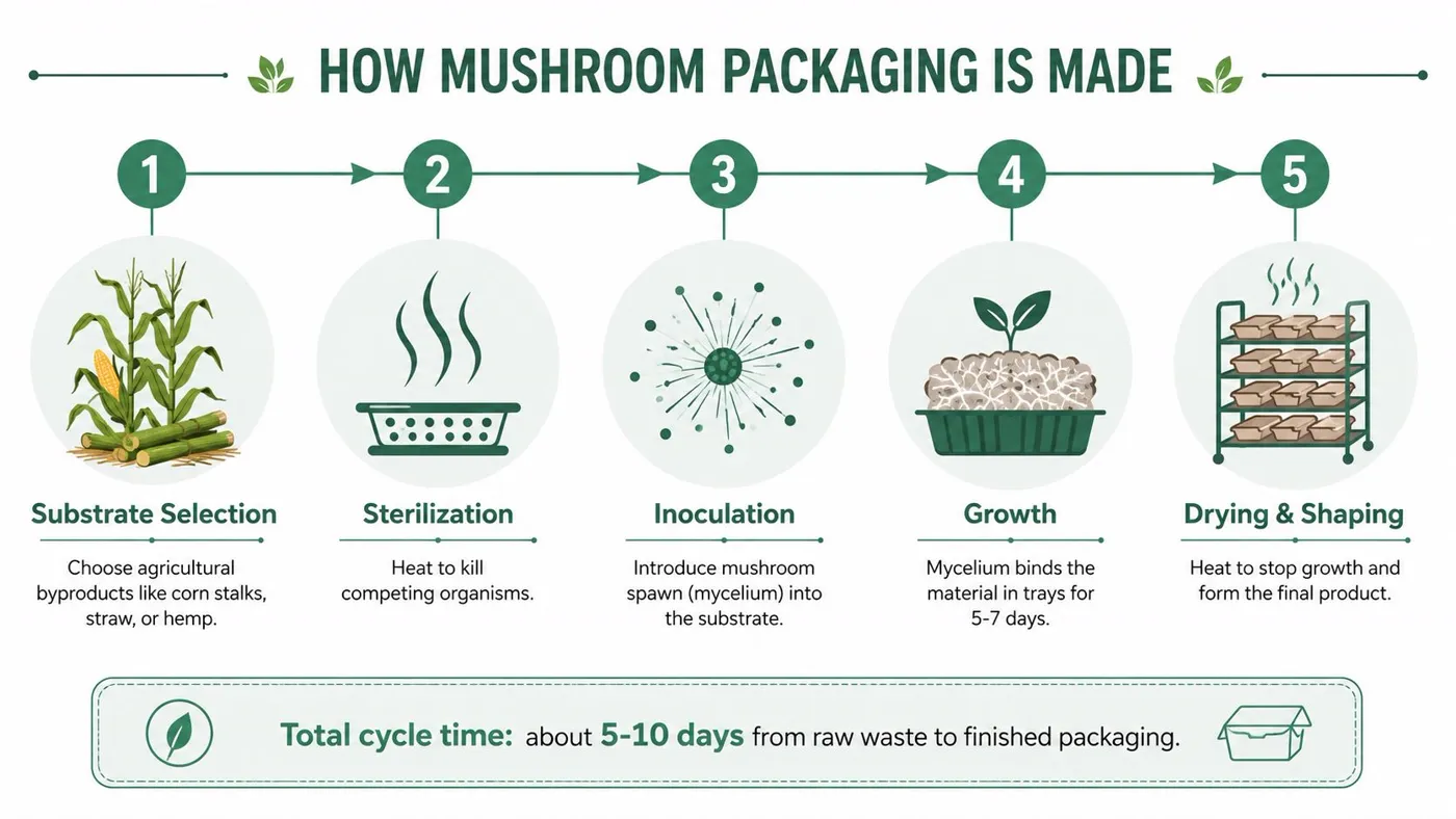 An infographic detailing the five-step manufacturing process of eco-friendly mushroom-based packaging from agricultural waste products.