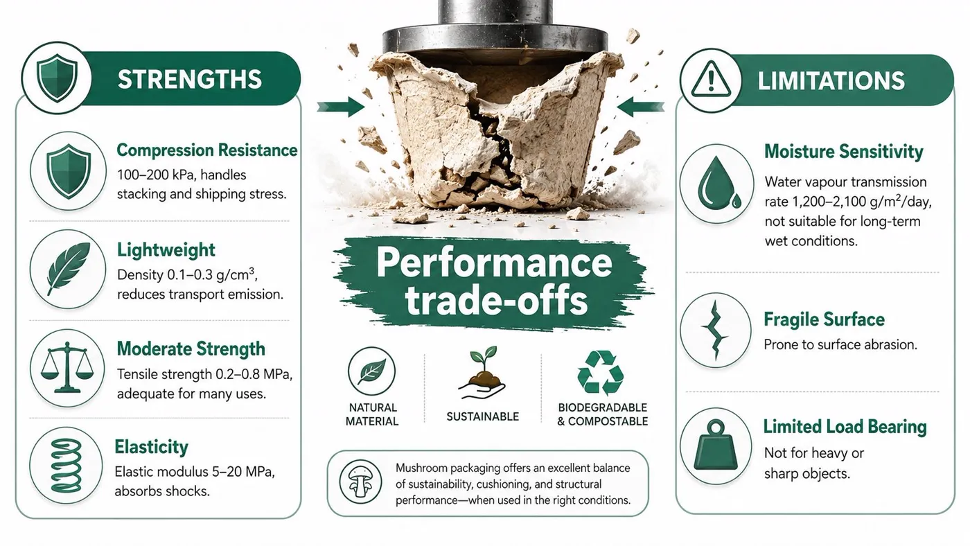 An infographic detailing the performance trade-offs, strengths, and limitations of mushroom-based packaging materials.