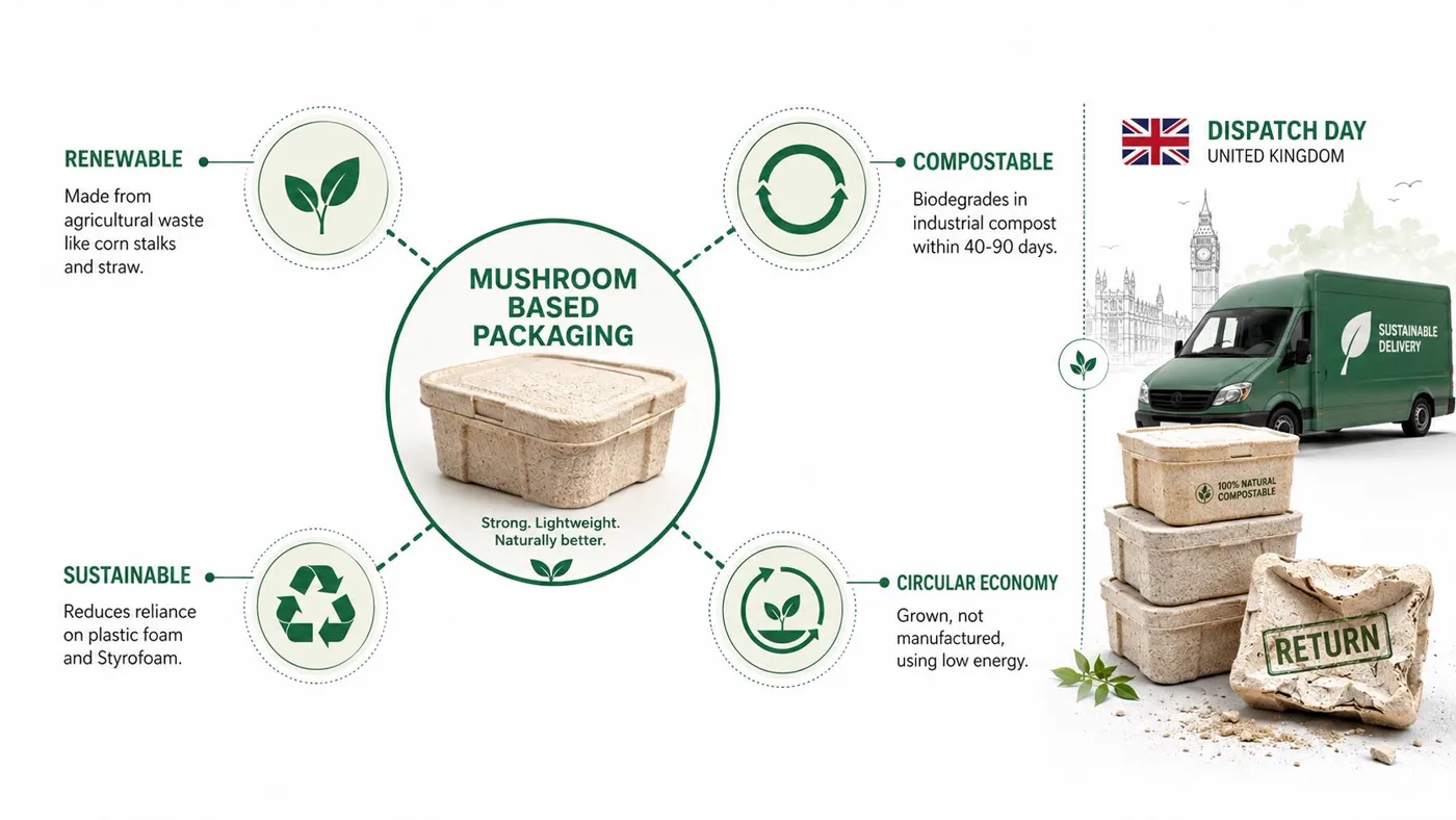 An infographic showing the benefits of mushroom based packaging, highlighting sustainability, renewability, and the circular economy.
