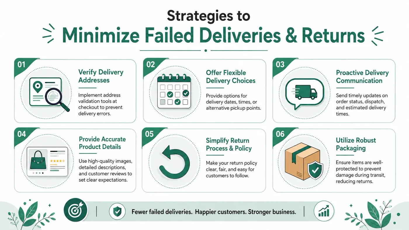 An infographic illustrating six key business strategies to reduce failed customer deliveries and product return rates.