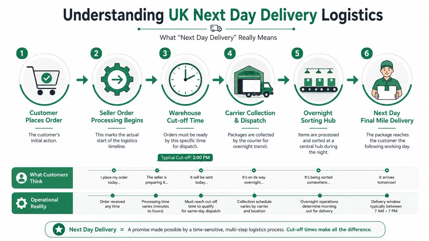 A diagram illustrating the six steps involved in the UK next day delivery logistics process.