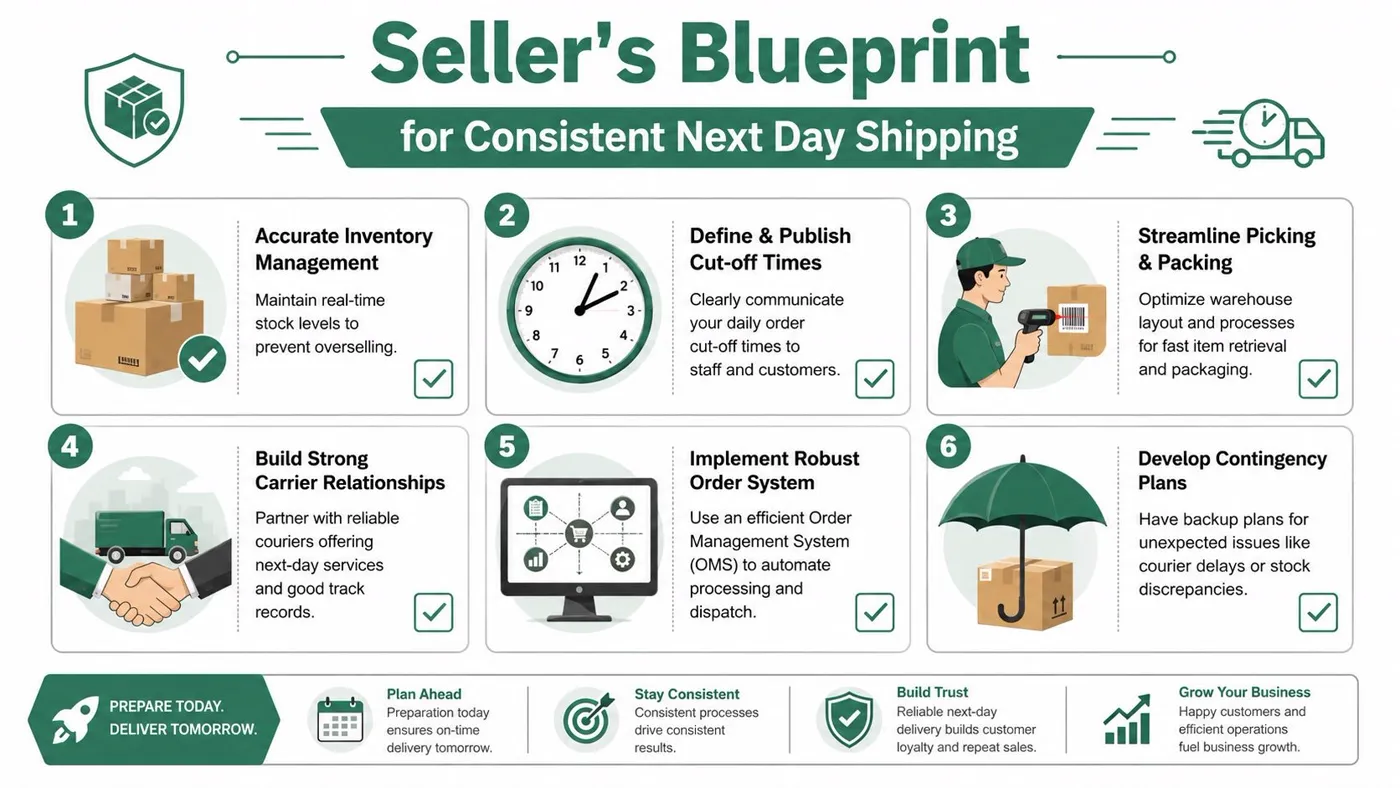 A six-step guide infographic titled Seller's Blueprint for Consistent Next Day Shipping, showcasing logistical warehouse strategies.