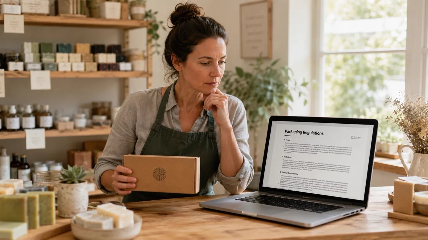 A female small business owner reviewing packaging regulations on her laptop in her artisanal shop.