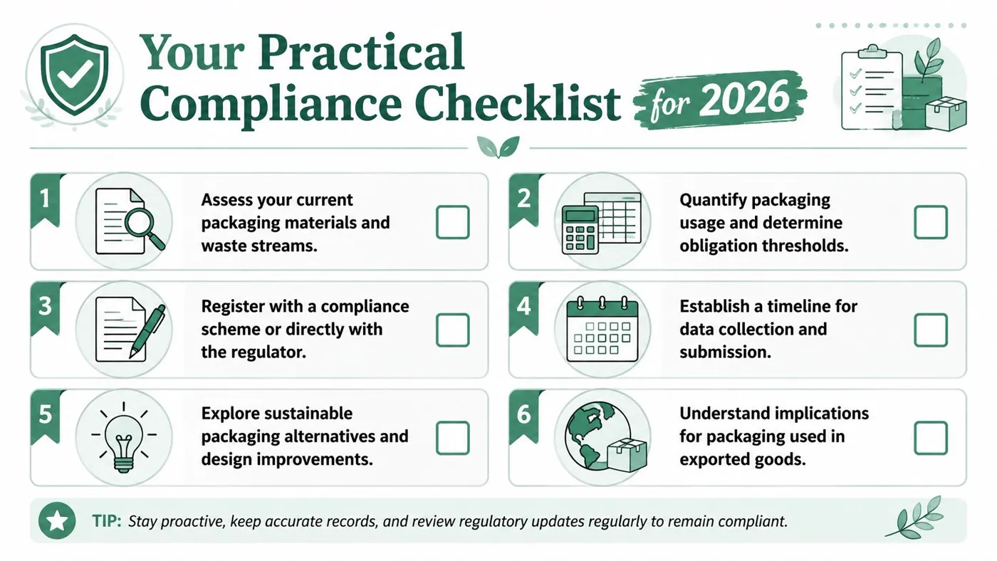 A six-step infographic titled Your Practical Compliance Checklist for 2026 outlining packaging waste management and regulatory steps.