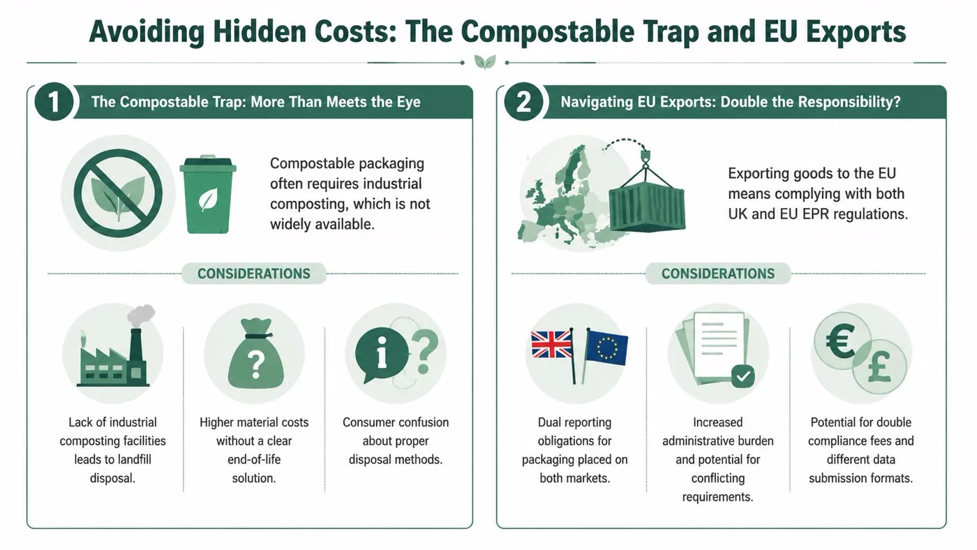 An infographic titled Avoiding Hidden Costs detailing the challenges of compostable packaging and EU export regulations.
