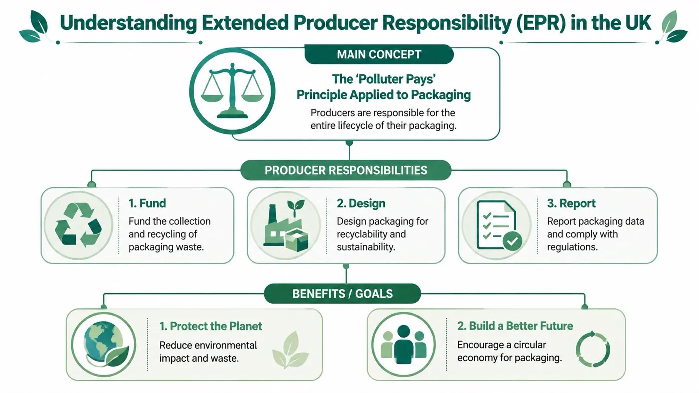 A diagram explaining UK Extended Producer Responsibility for packaging waste, focusing on polluter pays principles and producer duties.