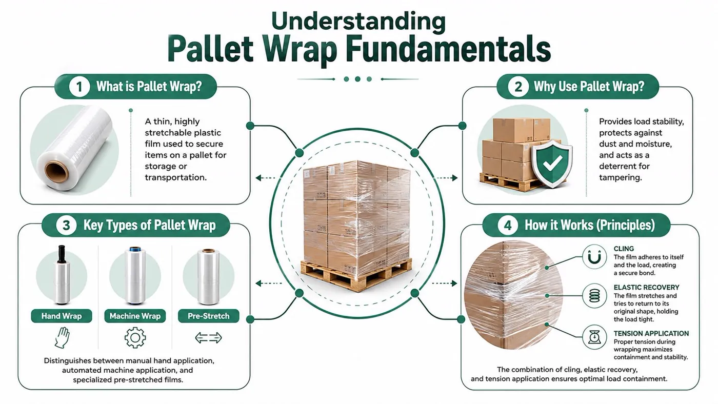 An infographic titled Understanding Pallet Wrap Fundamentals explaining its definition, benefits, application types, and functional principles.