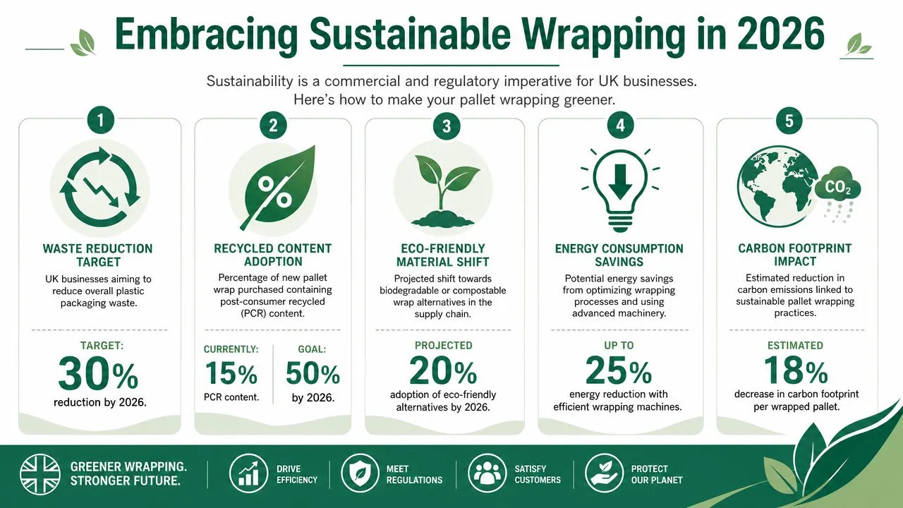 An infographic titled Embracing Sustainable Wrapping in 2026 outlining goals for plastic waste reduction and greener packaging.