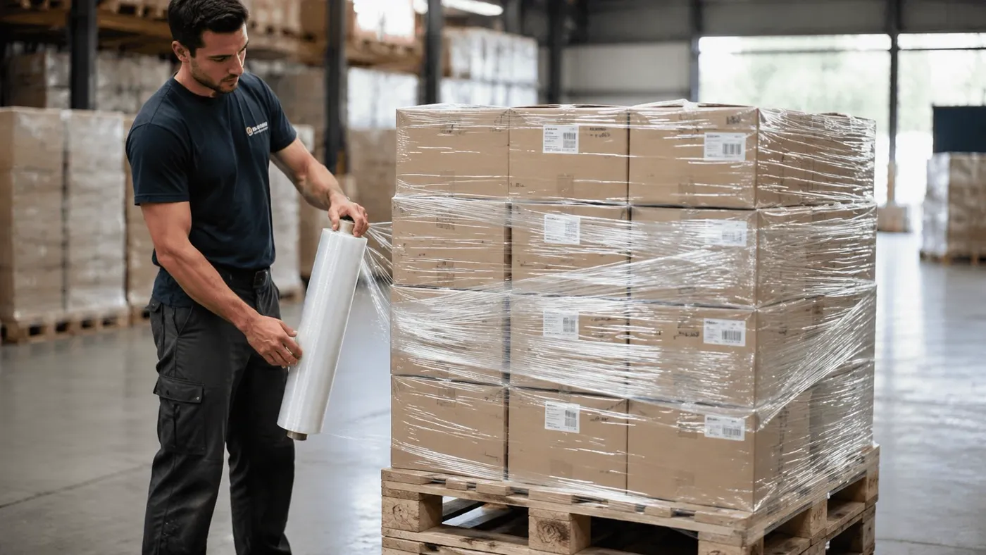 A warehouse worker wrapping a stack of cardboard boxes on a wooden pallet with industrial plastic stretch film.