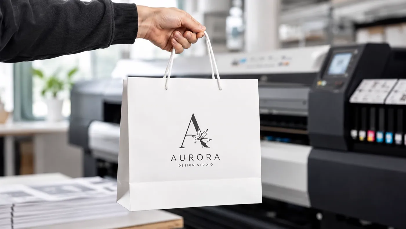 A hand holding a white paper carrier bag with the Aurora Design Studio logo in a print shop.