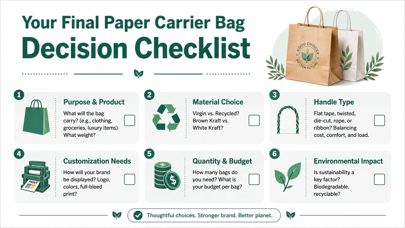 A helpful six-step decision checklist infographic for businesses choosing the right paper carrier bags for their brand.
