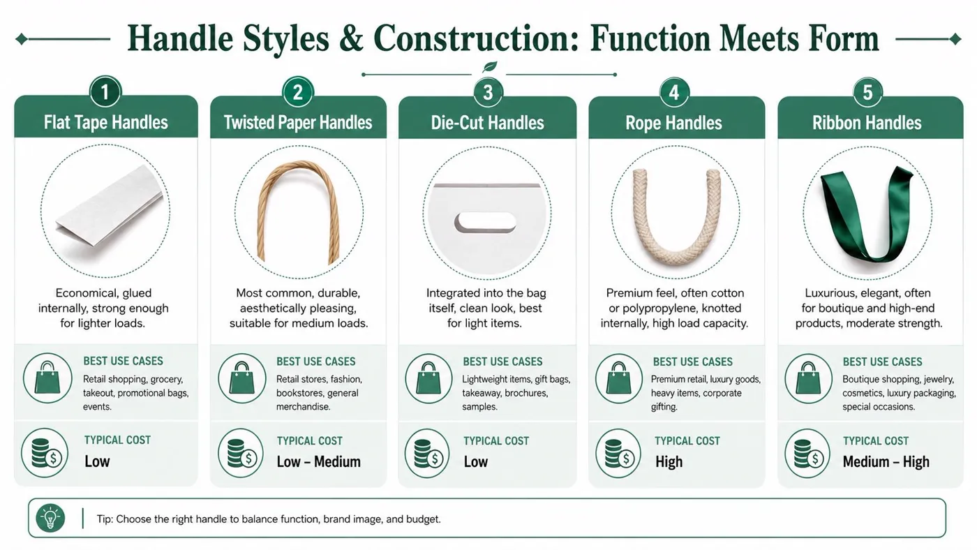 An infographic showing five different styles and construction types for paper carrier bag handles with their descriptions.
