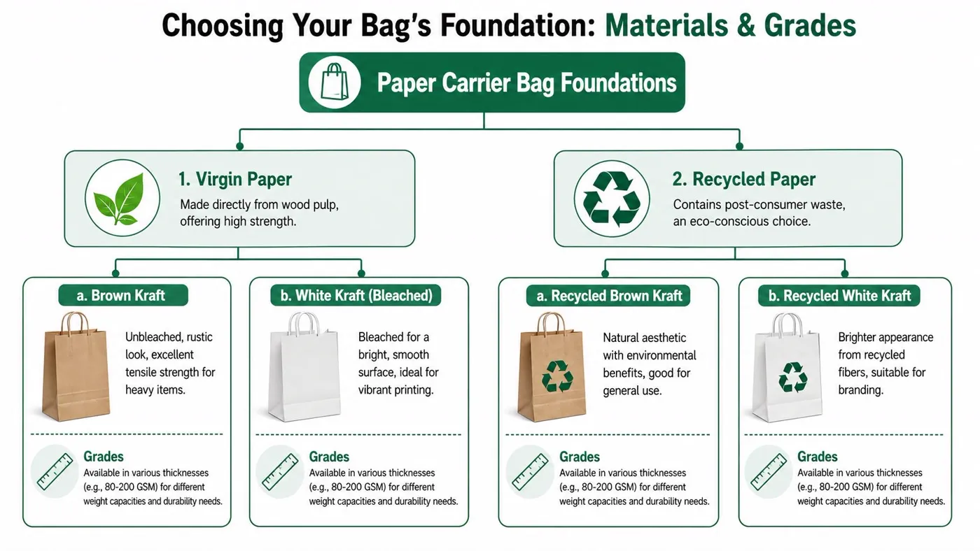 A diagram illustrating different types of paper carrier bag materials, including virgin and recycled kraft paper.