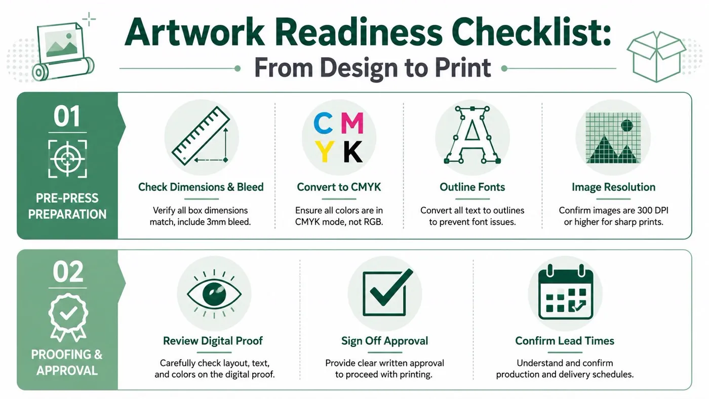 An infographic checklist for artwork preparation and approval for printing custom cardboard gift boxes.