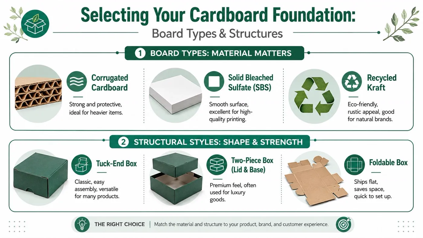 An infographic detailing different cardboard materials and structural styles for custom packaging and box design selection.